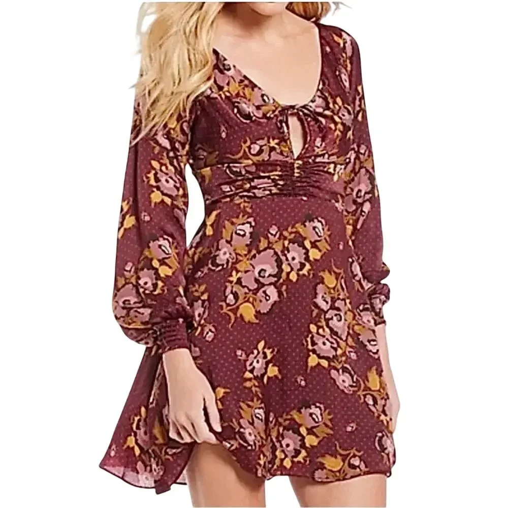 Free People Morning Light Dress 6 Mauve Floral Polka Dot Satin Keyhole Boho